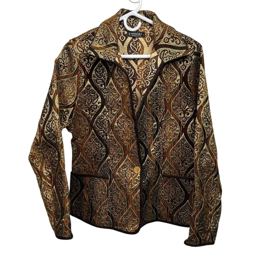 Khangura Women Brown Gold Tapestry Damask Blazer Jacket Single Button Large - Picture 2 of 10